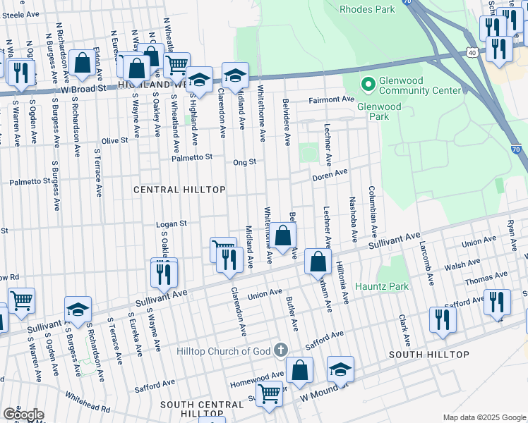 map of restaurants, bars, coffee shops, grocery stores, and more near 299 Whitethorne Avenue in Columbus
