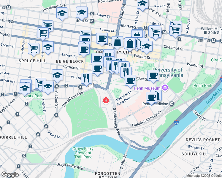 map of restaurants, bars, coffee shops, grocery stores, and more near 425 South University Avenue in Philadelphia