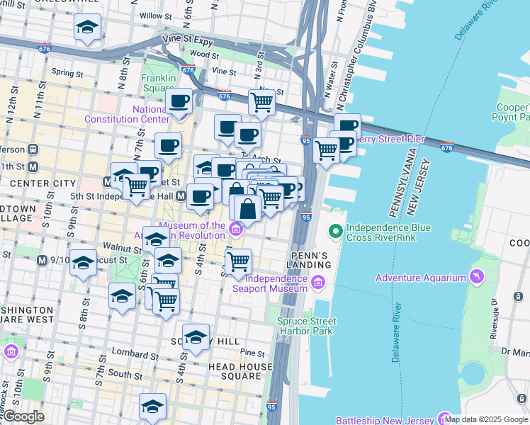 map of restaurants, bars, coffee shops, grocery stores, and more near 16 South 2nd Street in Philadelphia