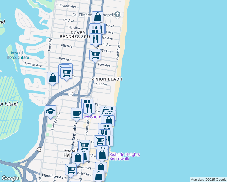 map of restaurants, bars, coffee shops, grocery stores, and more near 23 Dune Terrace in Seaside Heights