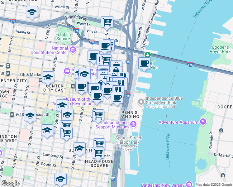 map of restaurants, bars, coffee shops, grocery stores, and more near 118 Market Street in Philadelphia