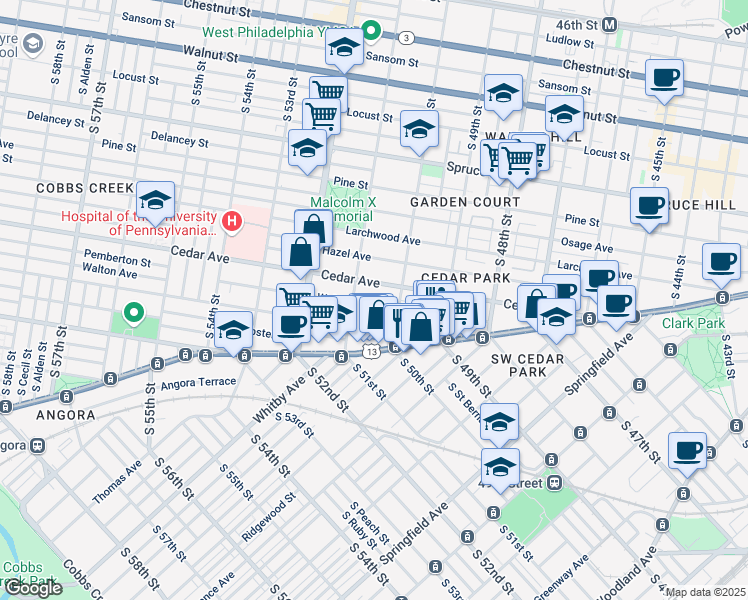 map of restaurants, bars, coffee shops, grocery stores, and more near 5011 Walton Avenue in Philadelphia
