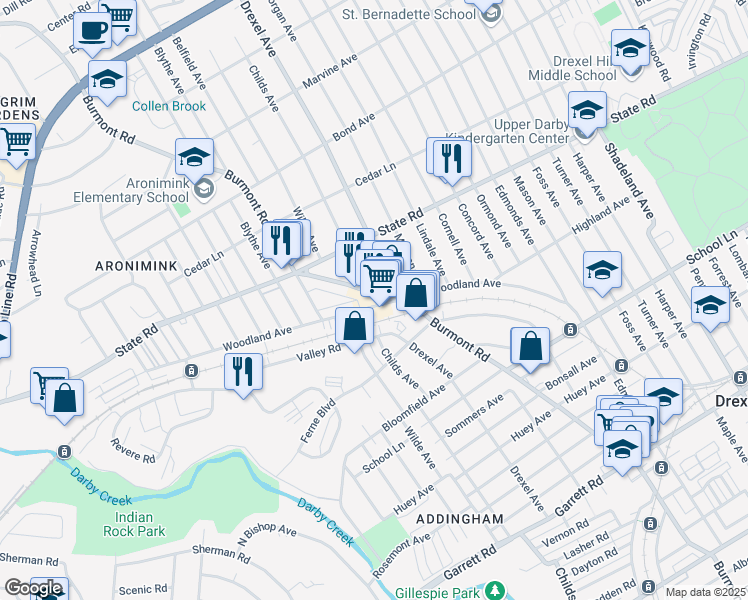 map of restaurants, bars, coffee shops, grocery stores, and more near 4333 Woodland Avenue in Drexel Hill