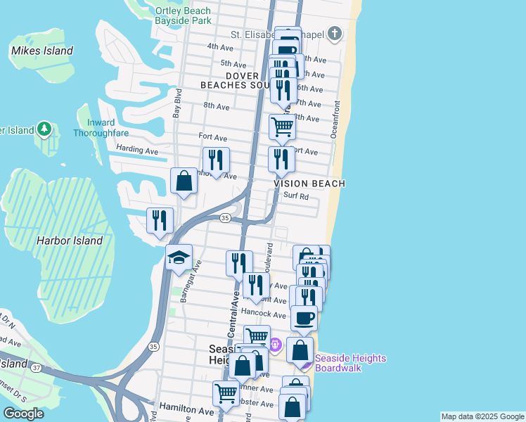 map of restaurants, bars, coffee shops, grocery stores, and more near 101 Dolphin Drive in Seaside Heights