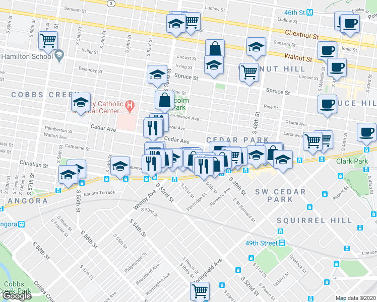 map of restaurants, bars, coffee shops, grocery stores, and more near 5035 Walton Avenue in Philadelphia