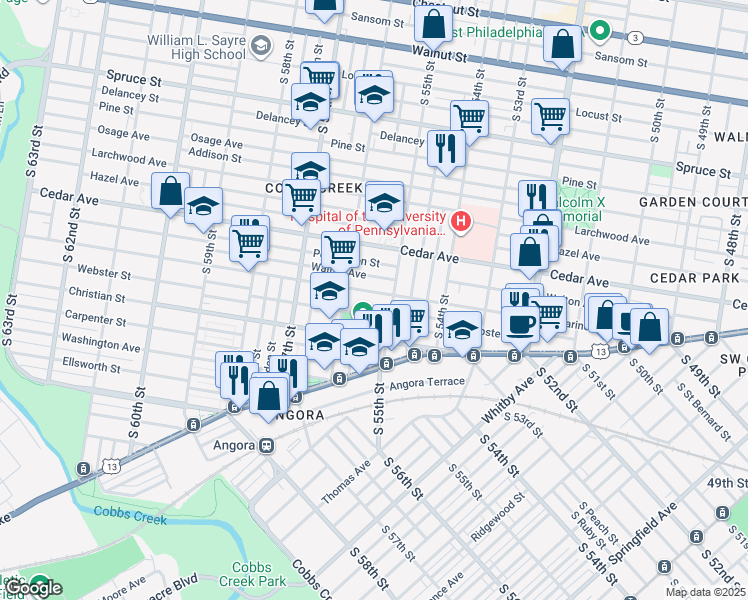 map of restaurants, bars, coffee shops, grocery stores, and more near 5522 Catharine Street in Philadelphia