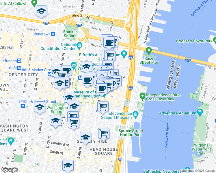 map of restaurants, bars, coffee shops, grocery stores, and more near 11 Bank Street in Philadelphia