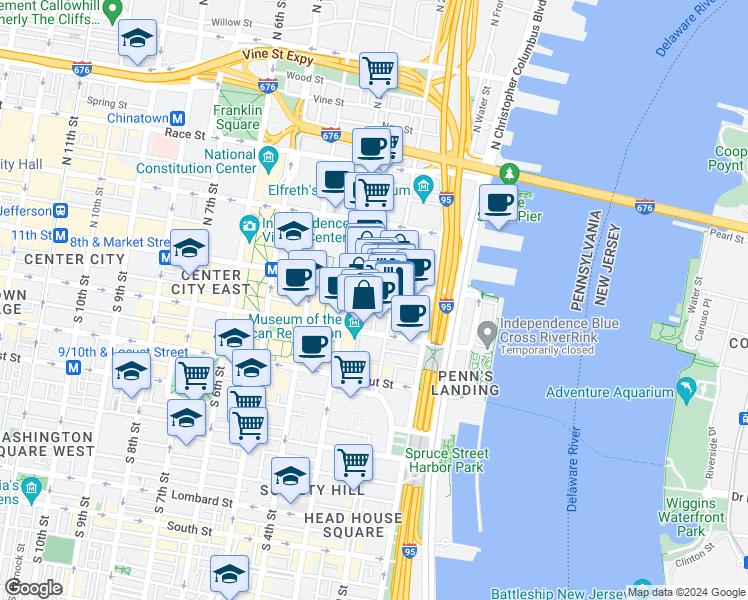 map of restaurants, bars, coffee shops, grocery stores, and more near 6-10 Strawberry Street in Philadelphia