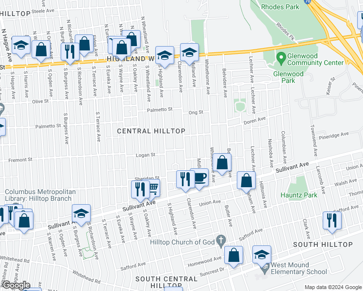 map of restaurants, bars, coffee shops, grocery stores, and more near 289 Clarendon Avenue in Columbus