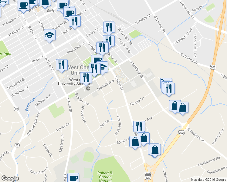 map of restaurants, bars, coffee shops, grocery stores, and more near 4 Jefferies Avenue in West Chester