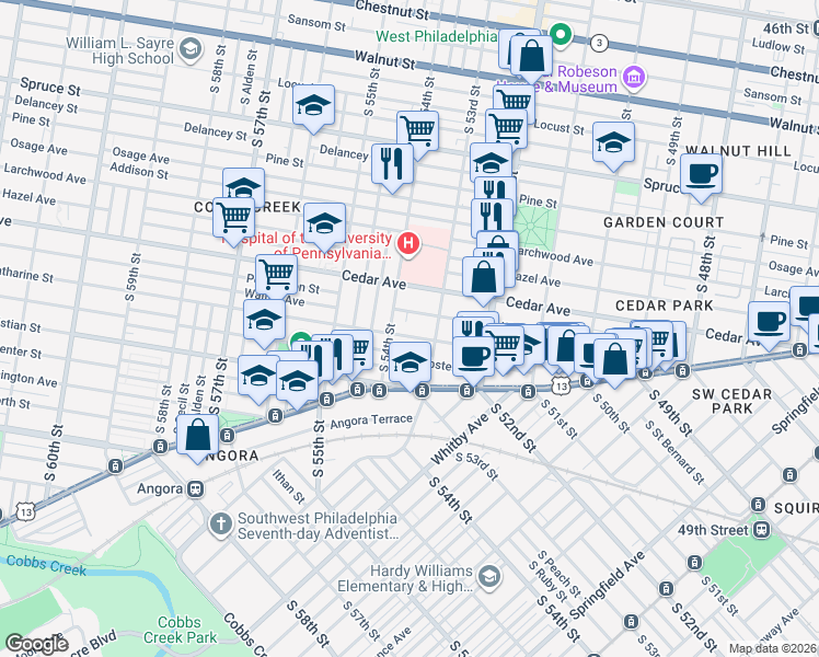 map of restaurants, bars, coffee shops, grocery stores, and more near 5311 Catharine Street in Philadelphia