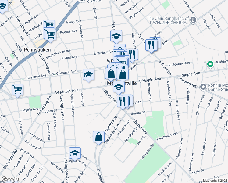map of restaurants, bars, coffee shops, grocery stores, and more near 16 West Maple Avenue in Merchantville