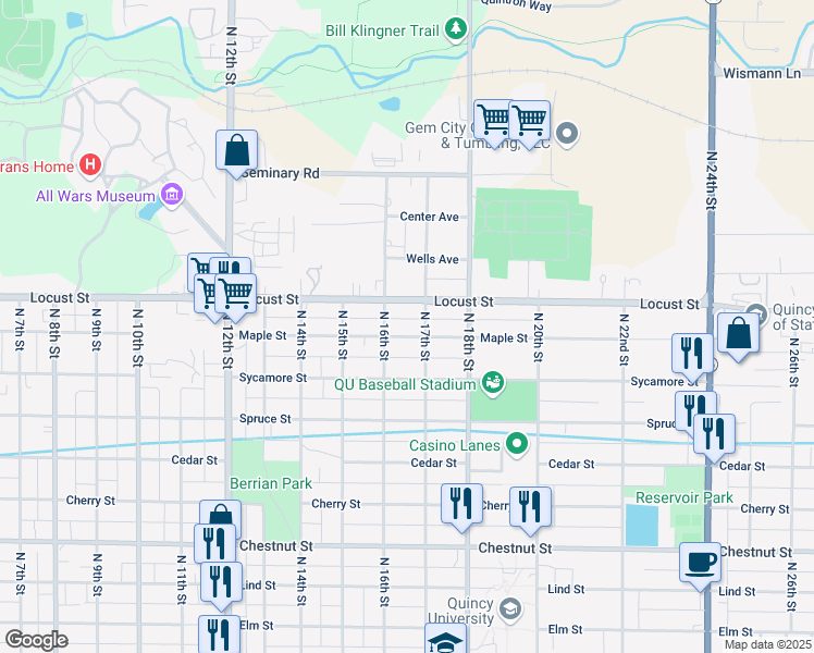 map of restaurants, bars, coffee shops, grocery stores, and more near 1503 North 17th Street in Quincy