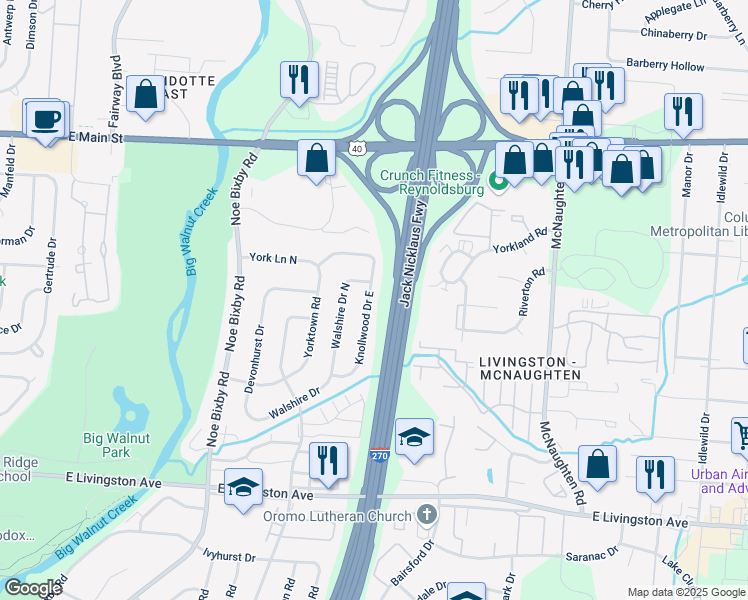 map of restaurants, bars, coffee shops, grocery stores, and more near 1356 Knollwood Drive East in Columbus
