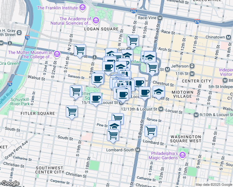 map of restaurants, bars, coffee shops, grocery stores, and more near 1616 Walnut Street in Philadelphia