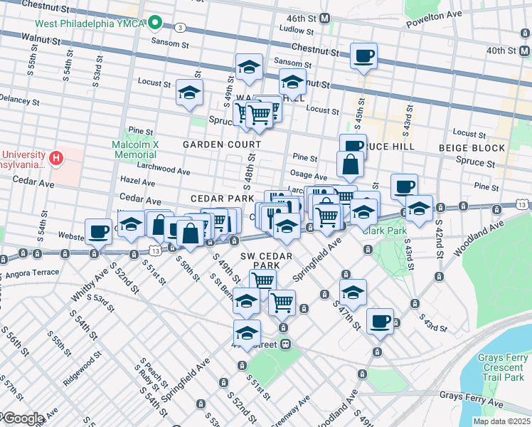 map of restaurants, bars, coffee shops, grocery stores, and more near 4711 Cedar Avenue in Philadelphia