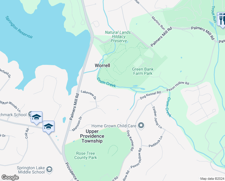 map of restaurants, bars, coffee shops, grocery stores, and more near 204 Birnam Wood Lane in Media