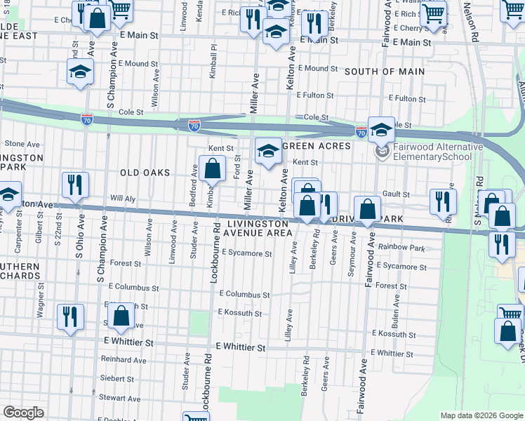 map of restaurants, bars, coffee shops, grocery stores, and more near 1390 East Livingston Avenue in Columbus