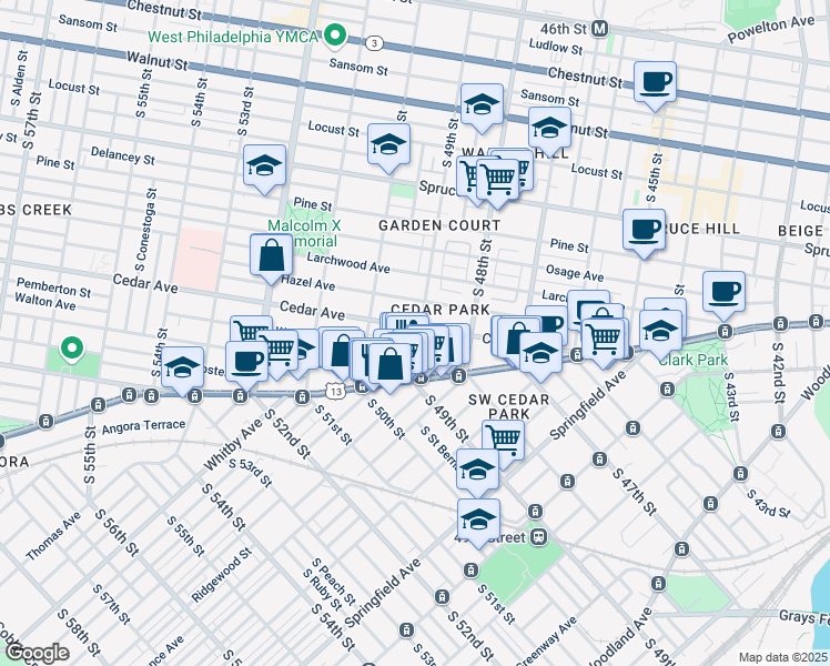 map of restaurants, bars, coffee shops, grocery stores, and more near 4900 Cedar Avenue in Philadelphia