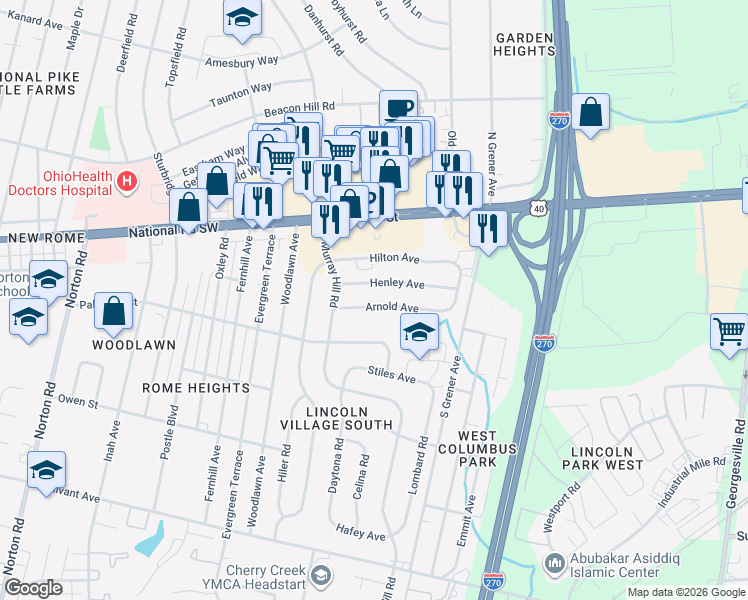 map of restaurants, bars, coffee shops, grocery stores, and more near 4736 Arnold Avenue in Columbus