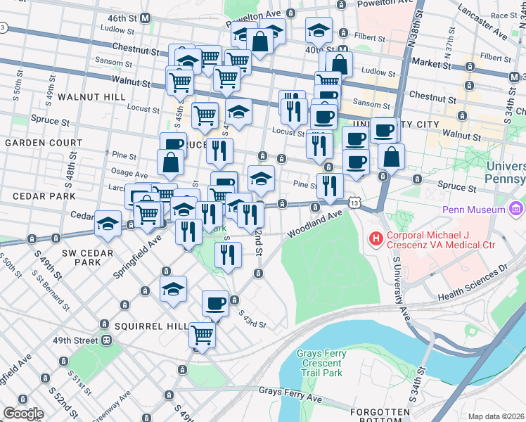 map of restaurants, bars, coffee shops, grocery stores, and more near 503 South 42nd Street in Philadelphia