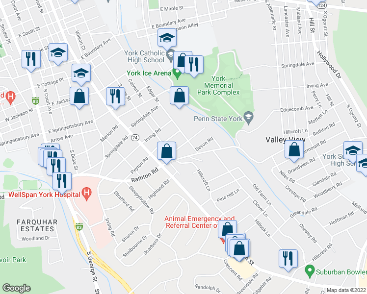 map of restaurants, bars, coffee shops, grocery stores, and more near 342 Charles Street in York