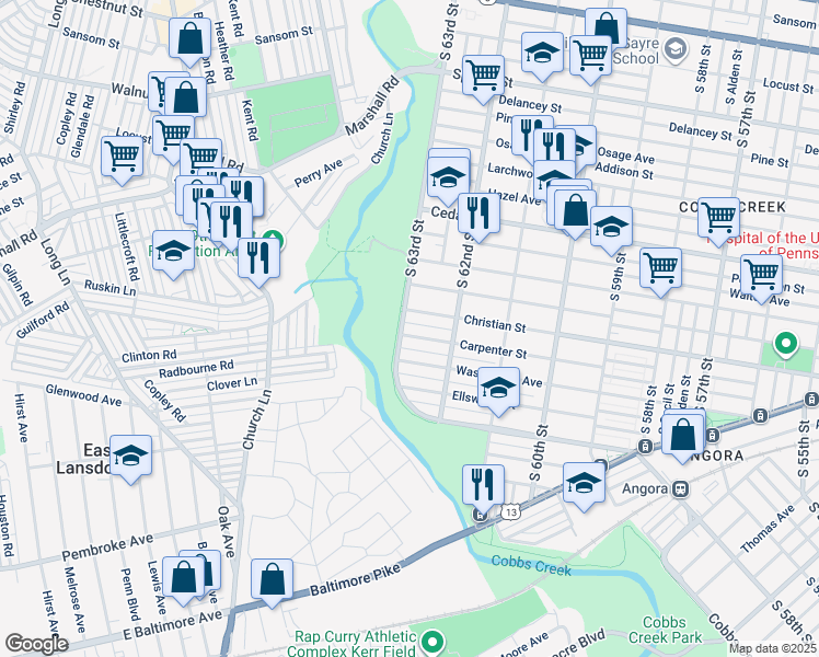 map of restaurants, bars, coffee shops, grocery stores, and more near 6241 Carpenter Street in Philadelphia