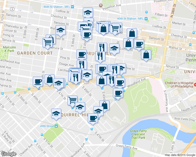 map of restaurants, bars, coffee shops, grocery stores, and more near 4313 Baltimore Avenue in Philadelphia