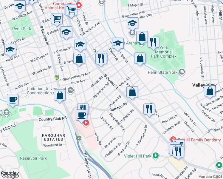 map of restaurants, bars, coffee shops, grocery stores, and more near 181 Irving Road in York