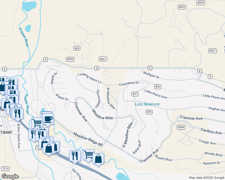 map of restaurants, bars, coffee shops, grocery stores, and more near 204 County Road 840 in Fraser