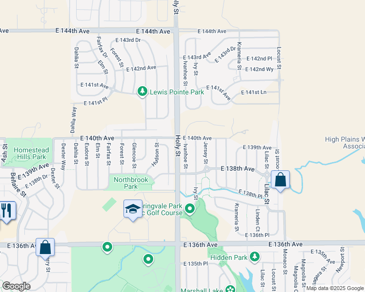 map of restaurants, bars, coffee shops, grocery stores, and more near 13957 Ivanhoe Street in Thornton