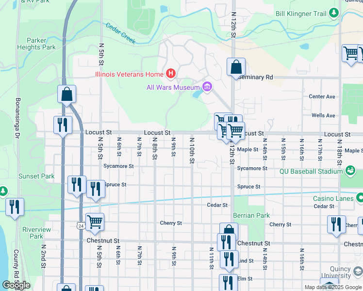 map of restaurants, bars, coffee shops, grocery stores, and more near 909 Maple Street in Quincy