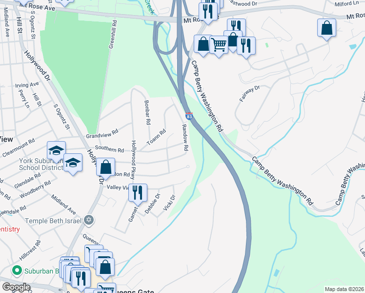map of restaurants, bars, coffee shops, grocery stores, and more near 1396 Southern Road in York