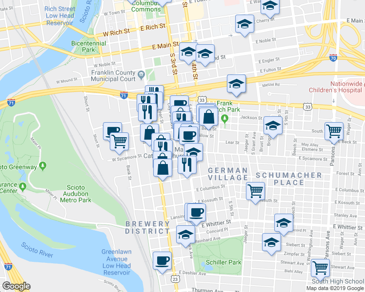 map of restaurants, bars, coffee shops, grocery stores, and more near 625 South 3rd Street in Columbus