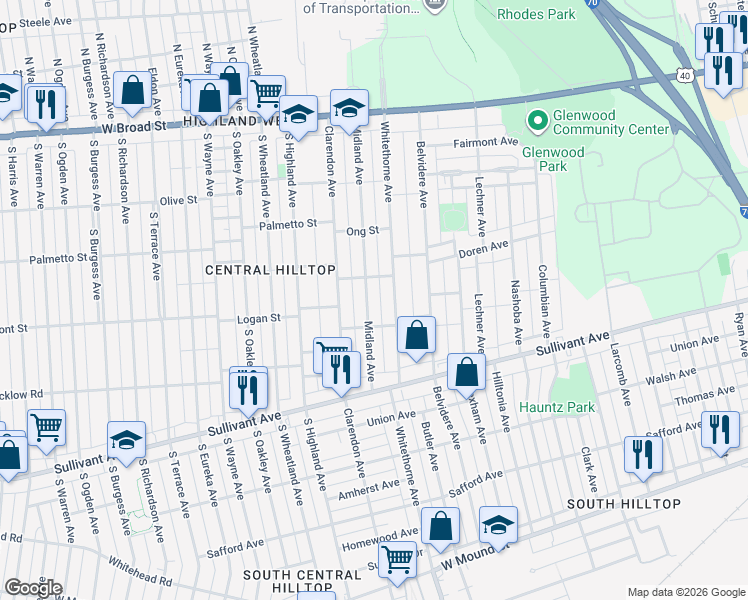 map of restaurants, bars, coffee shops, grocery stores, and more near 299 Whitethorne Avenue in Columbus
