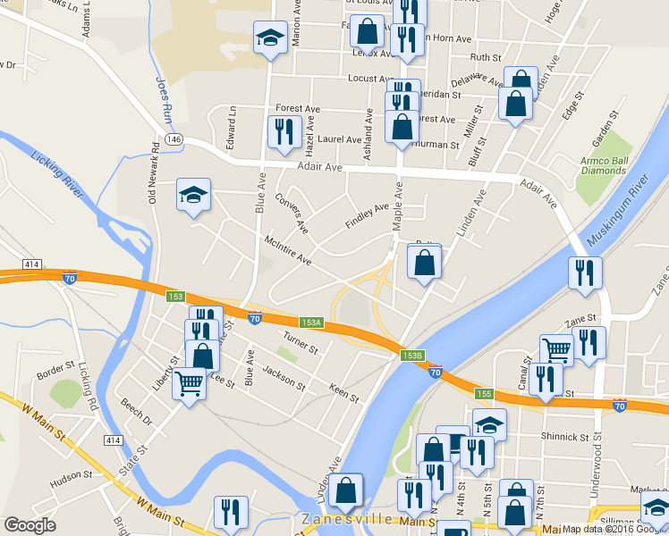 map of restaurants, bars, coffee shops, grocery stores, and more near 823 McIntire Avenue in Zanesville