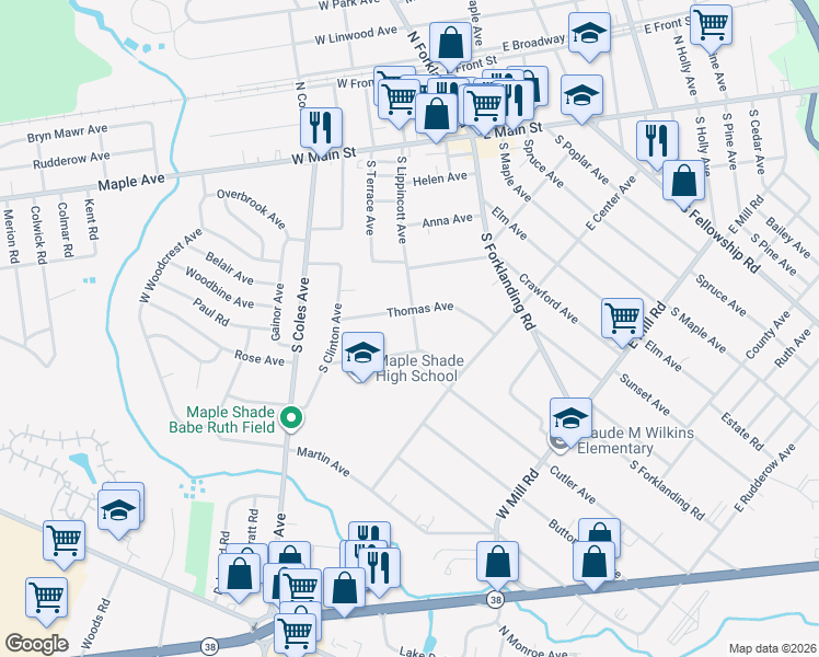 map of restaurants, bars, coffee shops, grocery stores, and more near 314 S Lippincott Ave in Maple Shade