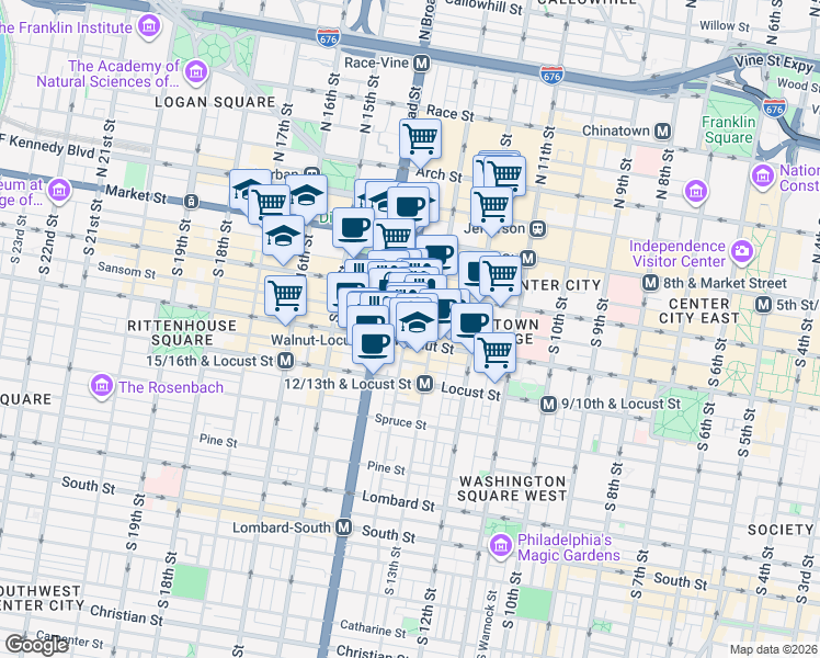 map of restaurants, bars, coffee shops, grocery stores, and more near 1325 Walnut Street in Philadelphia