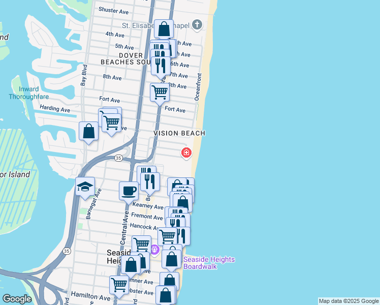 map of restaurants, bars, coffee shops, grocery stores, and more near 4 Colony Road in Seaside Heights