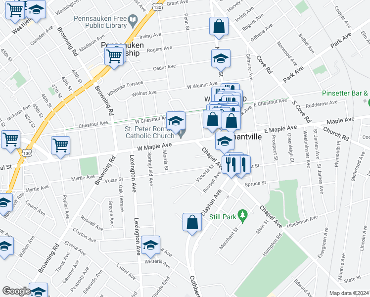 map of restaurants, bars, coffee shops, grocery stores, and more near 42 West Maple Avenue in Merchantville