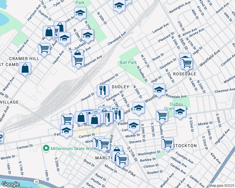 map of restaurants, bars, coffee shops, grocery stores, and more near 300 North 28th Street in Camden