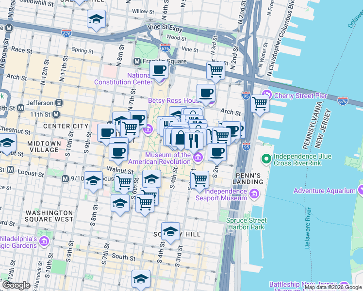 map of restaurants, bars, coffee shops, grocery stores, and more near 35 South 4th Street in Philadelphia