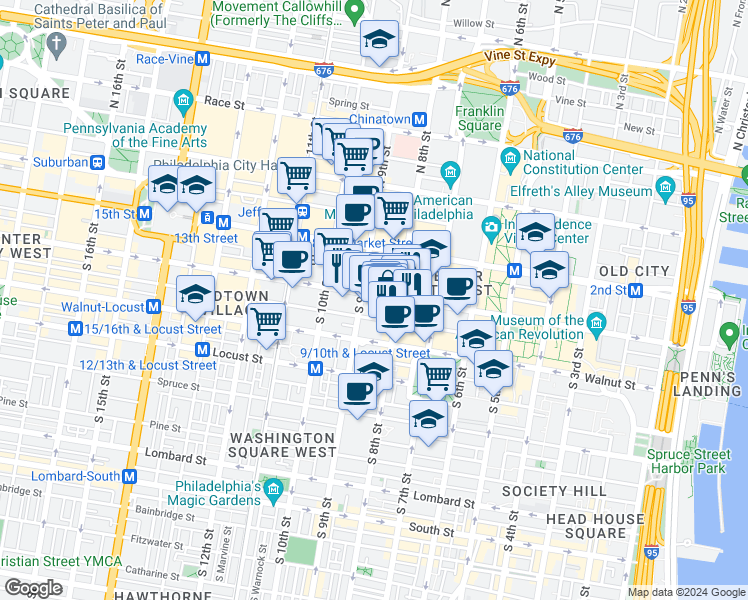 map of restaurants, bars, coffee shops, grocery stores, and more near 812 Chestnut Street in Philadelphia