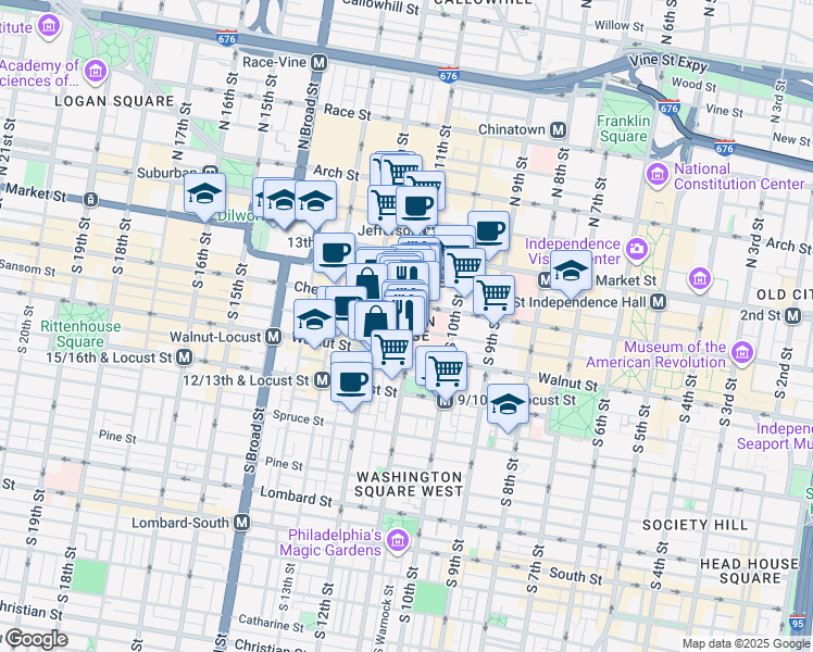 map of restaurants, bars, coffee shops, grocery stores, and more near 111 South 11th Street in Philadelphia