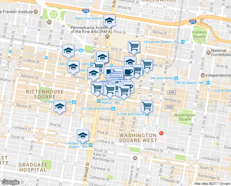 map of restaurants, bars, coffee shops, grocery stores, and more near 1213 Walnut Street in Philadelphia