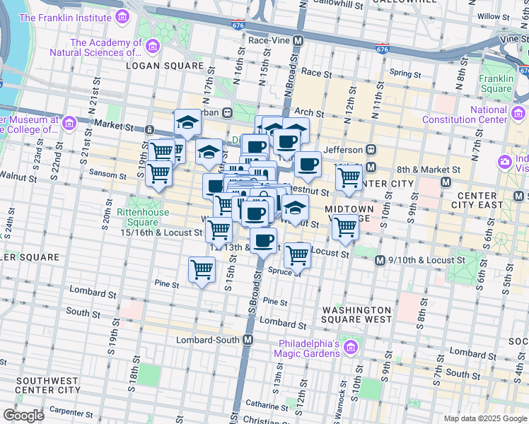 map of restaurants, bars, coffee shops, grocery stores, and more near 127 South 15th Street in Philadelphia