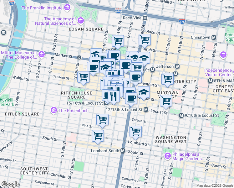 map of restaurants, bars, coffee shops, grocery stores, and more near 1508 Walnut Street in Philadelphia
