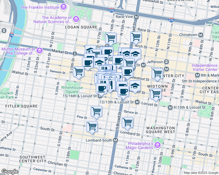map of restaurants, bars, coffee shops, grocery stores, and more near 1508 Walnut Street in Philadelphia