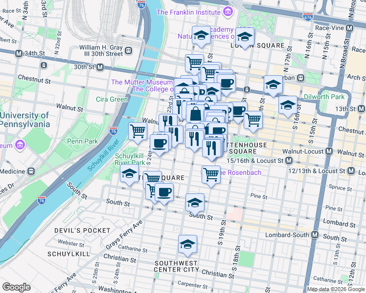 map of restaurants, bars, coffee shops, grocery stores, and more near 2122 Locust Street in Philadelphia