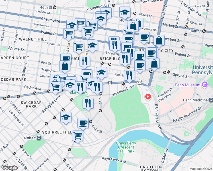 map of restaurants, bars, coffee shops, grocery stores, and more near in Philadelphia